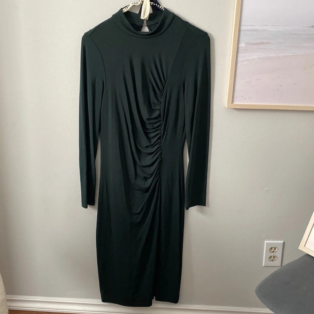 Dark Green Bebe Fitted Long Sleeve Midi Dress